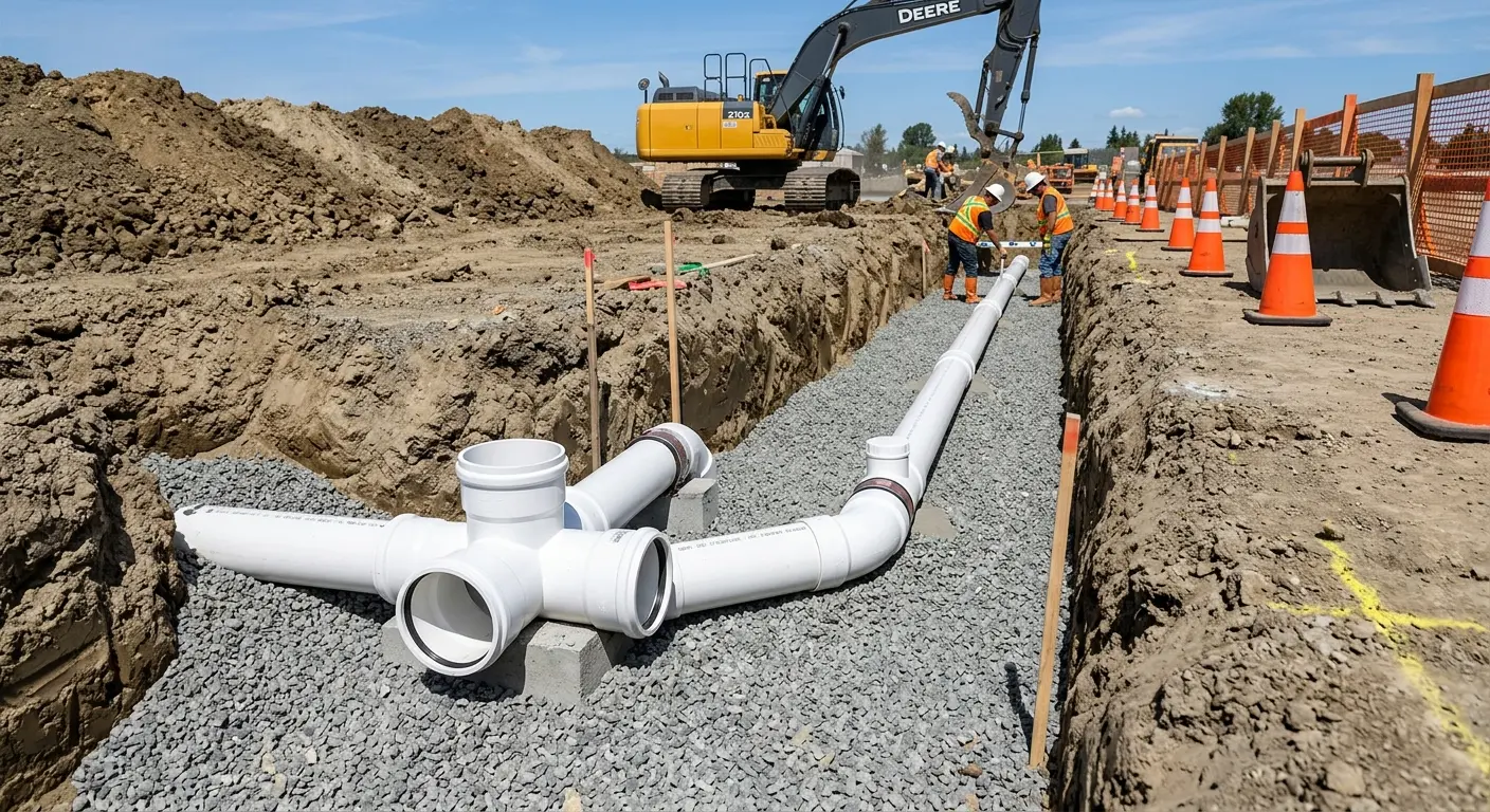 New PVC sewer pipe installation in open trench for Sewer Backup in Jamestown