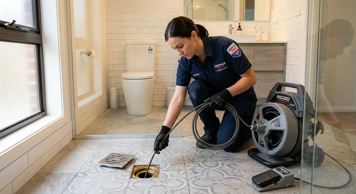 Technician clearing a bathroom floor drain for Drain Cleaning in Jamestown